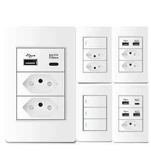 DELEFU 118*72mm Panel de PC ignífugo blanco Doble USB Tipo C Toma de corriente de pared Interruptor de luz con 5 puertos Toma de corriente estándar de Brasil