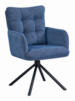 Fauteuil moderne à dossier haut en tissu bleu foncé avec pieds en métal noir robustes, base pivotante à 360 degrés, chaise de salle à manger