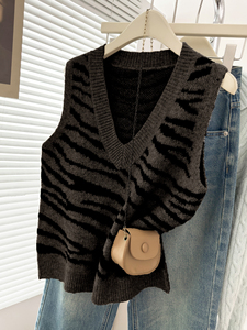 Chaleco de punto sin mangas con estampado de cebra y cuello en V para mujer, suelto, informal, para otoño e invierno, uso diario, OEM ODM - Product Image 1