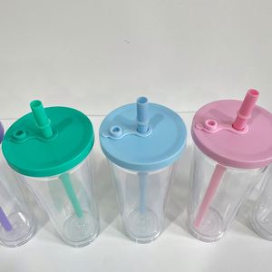 Custom LogoBulk 24 Oz Reusable Boba Double Wall Clear Insulated Bubble Tea <b>Cup</b> <b>Plastic</b> Acrylic Snow Globe Tumbler With Straw - Product Image 4