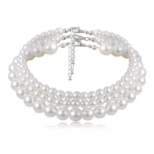 White Pearl Layered Beaded Statement Necklace Elegant Lady Pearl Choker Necklace for Women Party Wedding Jewelry