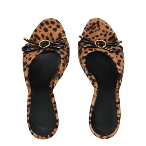 Mules à talon ultra haut pour femme, taille 45, coupe large, imprimé léopard, bout ouvert, avec nœud avant, en cuir verni, pour l'été, les soirées et l'extérieur - Product Image 5