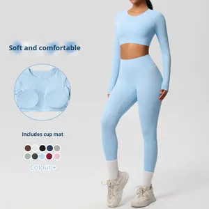 Pantalon de yoga pour femmes Couleur solide Ensemble de yoga à manches longues Stretch Léger Taille haute Respirant Ensemble de yoga sans couture - Product Image 2
