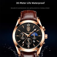 Montre à quartz pour homme POEDAGAR 829 en or rose, bracelet en cuir, étanche, calendrier lumineux, cadran noir, montre sport