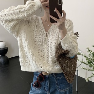 เสื้อคาร์ดิแกนถักลายฉลุคอวี แขนยาว สีพื้น เรียบหรู สำหรับผู้หญิง ผ้าบาง ใส่สบาย สไตล์ฤดูใบไม้ผลิ ไม่เป็นขุย - Product Image 1