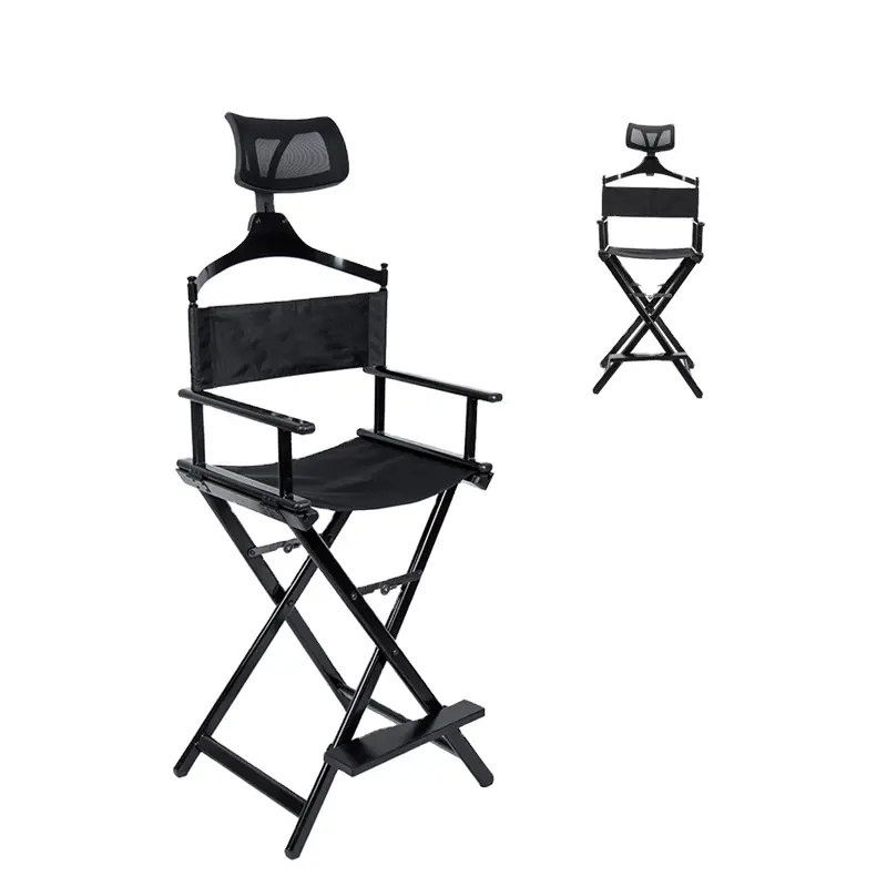 हेयर ड्रेसिंग नाखून सैलून ब्यूटी ब्लैक फोल्डिंग पोर्टेबल कुर्सी पेशेवर कस्टम एल्यूमीनियम मेकअप कलाकार निदेशक कुर्सी