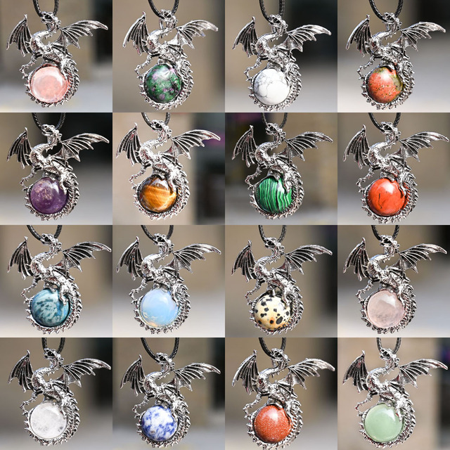 Natural Healing Crystal Dragon Pendant Necklace Vintage Gothic Silver Dragon Amulet for Spiritual Protection Jewelry Gift