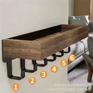 Wooden Key Rack With <b>Hooks</b> Wall Mounted Shelf For Entryway Living Room Storage Multipurpose Organizer Charcoal Burnt Color - Product Image 2