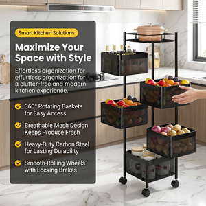 מטבח מארגן מסגרת חמש שכבות מתכת עם גלגלים נשלפים עם גלגלים נשלפים חמש שכבות של פירות & ירקות - Product Image 4