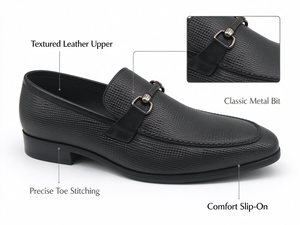 Mocassins pour hommes en cuir véritable texturé, noirs, à enfiler, avec boucle métallique, talon bas carré, pour affaires, bureau, mariage - Product Image 2