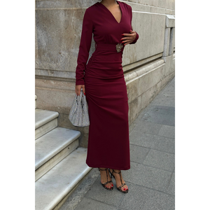 V-Neck Burgundy Long Sleeve <b>Casual</b> <b>Dress</b> with Natural Waist Accessory Detail A-Line Maxi Length for Winter - Product Image 2