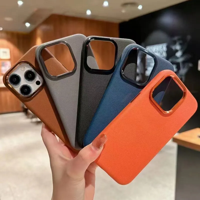 Casing ponsel kulit magnetik iPhone 15 Pro Max, casing kulit mewah tahan guncangan dengan tombol logam untuk iPhone 15 Pro Max