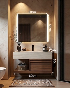 Modern <b>Wall</b> Mounted Bathroom Vanity With LED <b>Mirror</b> And Stone Basin 60 In Contemporary Design - Product Image 2