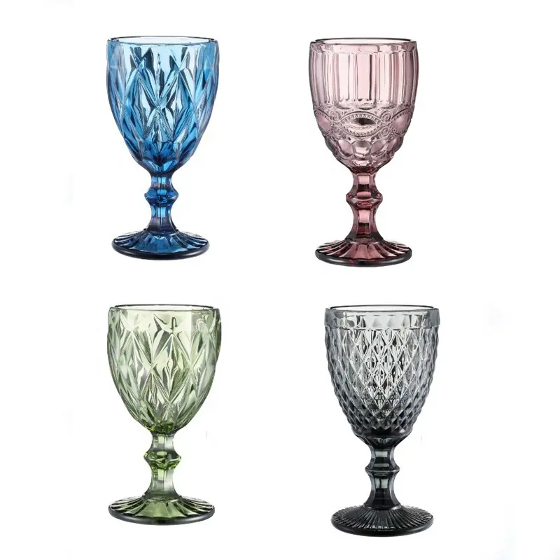 Custom Wedding Party Lead Free Glass Drinkware Vintage Blue Green Grey Purple Colorful Embossed Stemware Goblets For Wine