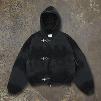 Veste bomber en jean vintage délavé à l'acide avec boucle de pompier et crochets de fixation, matelassée et rembourrée, pour homme, hiver, à capuche
