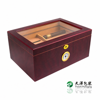 Boîte à cigares artisanale en bois de burl rouge avec couvercle en verre, doublure en cèdre espagnol, étui de rangement avec hygromètre et serrure, collection de bureau, cadeau
