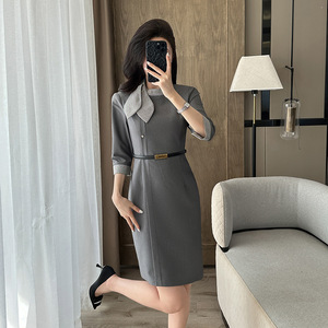 Elegant Mock Neck Dress With Splicing Design Anti-Wrinkle Workwear For Office Reception Beauty Salon Hotel Staff Uniform - Product Image 3