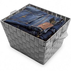 ตะกร้าหนังสานแฮนด์เมดกล่องเก็บของถักพร้อมที่จับสำหรับบ้าน - Product Image 3