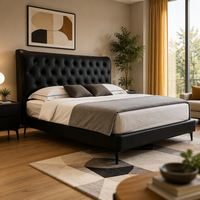 Cadre de lit rembourré noir moderne avec tête de lit capitonnée, lit plateforme pour chambre principale, hôtel, appartement, maison