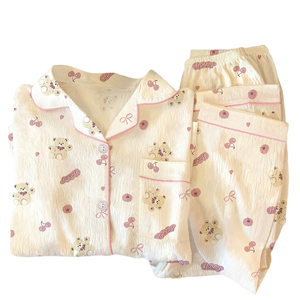 Pyjama décontracté respirant pour femme, motif ours cerise, manches longues, mignon, pour le printemps, l'été et l'automne, peut être porté à l'extérieur - Product Image 1