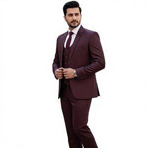 Traje de Negocios para Hombre, Estilo Británico, Color Borgoña, Cierre de un Botón, Solapa con Muescas, Antiarrugas, Poliéster - Product Image 1