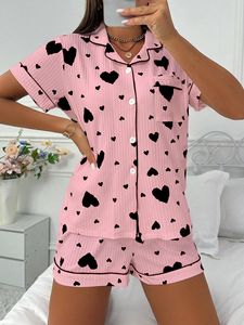 Conjunto de Pijama Casual para Mujer, Estampado de Corazones, Una Camiseta de Manga Corta, Un Par de Pantalones Cortos, Lazo, para Verano, Ropa de Dormir para la Noche - Product Image 3