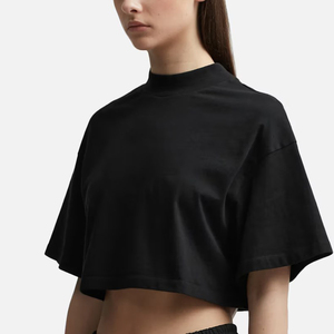 100% Baumwolle Plain Black Crop <span class=keywords><strong>Top</strong></span> Femme Turtle Neck Dropped Schultern Frauen Crop <span class=keywords><strong>Top</strong></span> High Neck Short Tee - Product Image 2