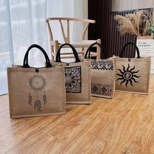 Sac à main en lin brut naturel brun tendance, sac en jute personnalisé à grande capacité, sac fourre-tout avec logo - Product Image 2