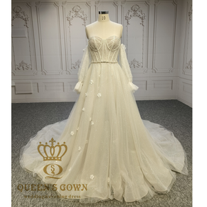 Queens vestido hecho a mano con cuentas cinturón A-Line vestido de novia 3D flor brillante encaje corazón hueso cuerpos hecho a mano nupcial - Product Image 1