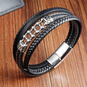Men's Handcrafted Double-Layer Braided <b>Leather</b> <b>Bracelet</b> Black Cowhide & Stainless Steel - Product Image 1