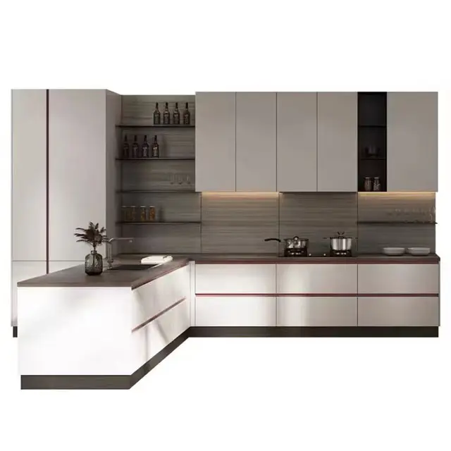 HZ Simple design Modern Melamine style Full set furniture Flat door with LED light customized kitchen cabinet