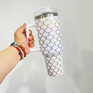 Gobelet isotherme double paroi en acier inoxydable écologique de 40 oz, motif écailles de poisson holographiques, couleur dégradée, blanc, violet, rose, vert - Product Image 2
