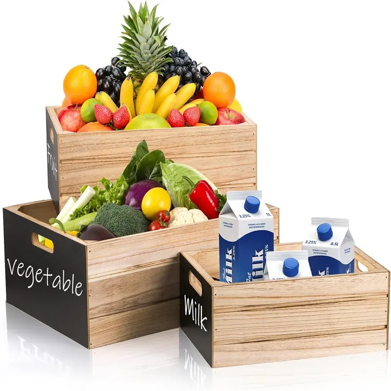 Caja de madera maciza para frutas, Juego de 3 cajas de almacenamiento de madera con pantalla negra, cajas de embalaje, cajas de madera para frutas con asas