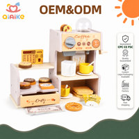 Ensemble de jeu de café en bois pour enfants avec caisse enregistreuse et accessoires alimentaires, jouet de jeu de rôle pour la maison, la maternelle et la salle de classe