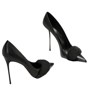 Chaussures à talons hauts et fins pour femmes, grande taille 47, sexy, à bout pointu, sandales en fourrure, escarpins de soirée à coupe large pour femmes - Product Image 6