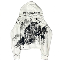 Sweat à capuche vintage personnalisé 500 g/m² coupe ample avec strass, en coton French Terry, imprimé DTG vieilli et broderie 3D, fermeture éclair