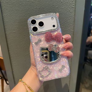 Cartoon Diamond KT Cat Bow Mobile Phone case for <b>iPhone</b> 17 Air 16 15 Pro Max 3D Mirror cute <b>Camera</b> Frame glass DIY back <b>Cover</b> - Product Image 4