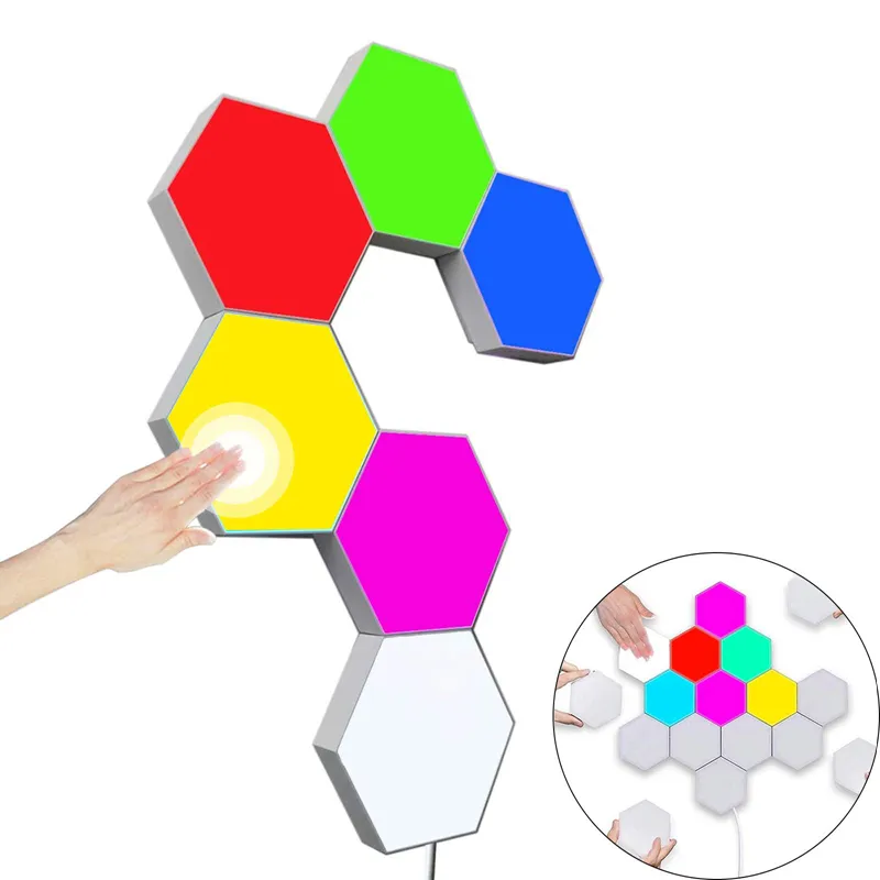 OEM 6Pack DIY Wall Hexagonal Wall Light APP Remote Control Honeycomb Magnetic Modular Smart Touch Night Hex Hexagon Lights