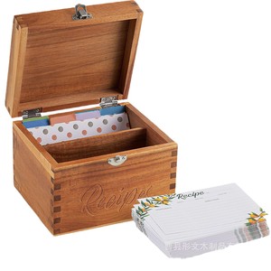 Wooden Recipe Card <b>Storage</b> <b>Box</b> Solid Wood Rectangular Covered With Compartments <b>Kitchen</b> Organizing - Product Image 5
