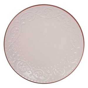 Embossed Design Home Restaurant Red <strong>Clay</strong> Mouth Edge Ceramic Dinner <strong>Plate</strong> - Product Image 2