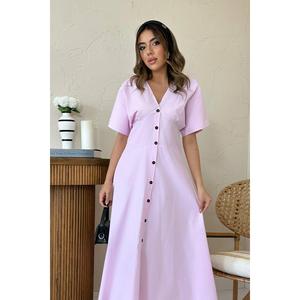 Vestido Midi Rosa con Cuello en V, Corte en A, Cintura Natural, Popelina Tejida, Informal, para Uso Diario, Transpirable, Estilo Simple - Product Image 4