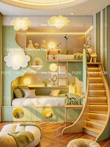 Letto a castello in legno dal design creativo per bambini, a due piani, stessa larghezza superiore e inferiore, stile foresta, per ragazzi e ragazze, con scaletta. - Product Image 6