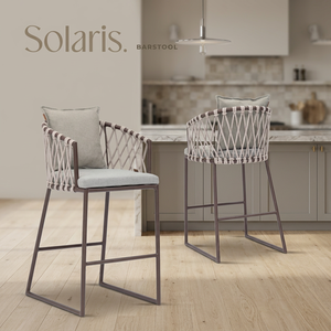 Tabouret de bar en corde de rotin avec structure métallique et assise rembourrée, pour intérieur et extérieur - Product Image 2