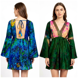 Robe courte élégante tendance tie-dye 100% soie, col en V, broderie florale, longueur ras du sol, style bohème, vente en gros en ligne, robe indienne. - Product Image 1