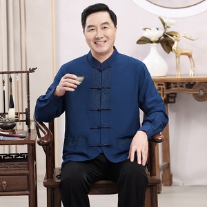 Costume Tang pour hommes d'âge moyen et âgés, Hanfu pour grand-père, vêtements fins à manches longues pour l'été, chemise traditionnelle chinoise pour papa, pour les banquets - Product Image 4