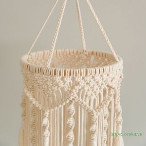 Abat-jour bohème en macramé 100 % coton respirant, tissé à la main avec pompons, suspension luminaire écologique, accessoires du Vietnam - Product Image 3