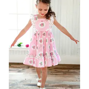 可爱的粉红色棉质连衣裙儿童女孩派对夏季无袖荷叶小女孩连衣裙