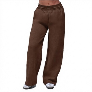 Pantalon de survêtement en molleton marron à jambe droite, taille mi-haute élastique, coupe ample, longueur intégrale, décontracté, en polyester/coton, couleur unie, été - Product Image 1