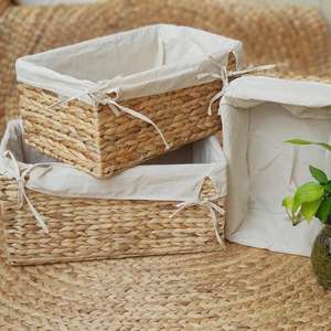 Cesta de Almacenamiento de Jacinto de Agua Tejida a Mano con Forro de Tela Blanca y Tapa, Cesto de Lavandería Decorativo de Mimbre para Guardería - Product Image 1