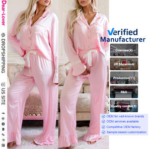 Dear-Lover all'ingrosso OEM ODM Loungewear produttore <span class=keywords><strong>camicia</strong></span> di alta qualità e pantaloni arruffati pigiami in raso personalizzato Set da <span class=keywords><strong>donna</strong></span> - Product Image 1